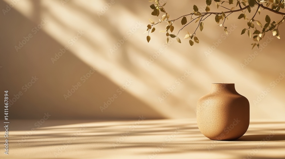 Poster a simple rounded terracotta vase on a beige surface in warm sunlight with dd shadows and a delicate 