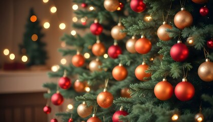 Blurred Christmas or New Year background. Christmas balls on the background of Christmas trees and blurry lights of garlands. Christmas card