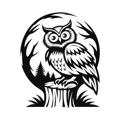 Monochrome Owl Perched on Tree Stump Against Silhouetted Forest Background Patterned