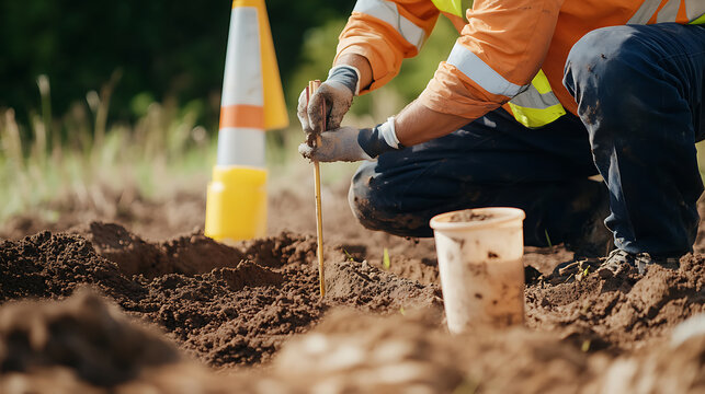 A geotechnical engineer testing soil samples at a development site. Featuring analysis and preparation