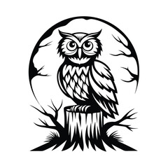 Monochrome Silhouette of Owl Perched on Tree Stump with Full Moon Background