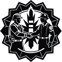 Firefighter and Police Officer Handshake Emblem, Black and White Vector Illustration
