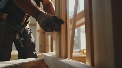 Carpenter installing door frames in a new building. Featuring carpentry and installation of door frames
