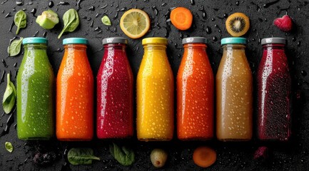 Reihe bunter Smoothies und Säfte in Glasflaschen auf dunklem Untergrund, Row of colorful smoothies and juices in glass bottles on dark surface