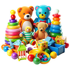 Obraz premium Colorful Baby Toys: Stacking Rings, Teddy Bears, and Play Balls