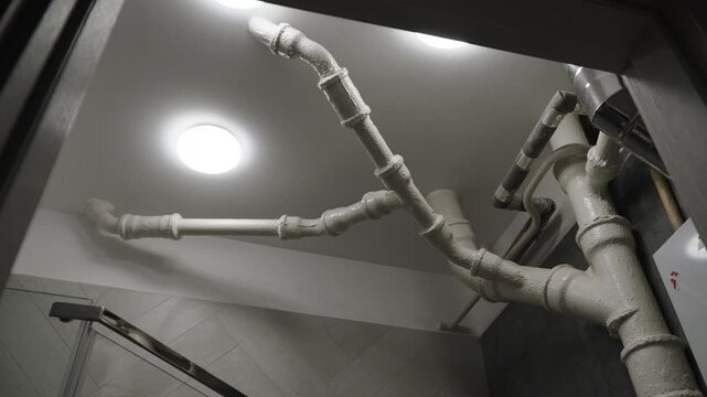 Complex plumbing system of pipes under ceiling. Web of communications of warm and cold steel pipes in bathroom, push out shot.