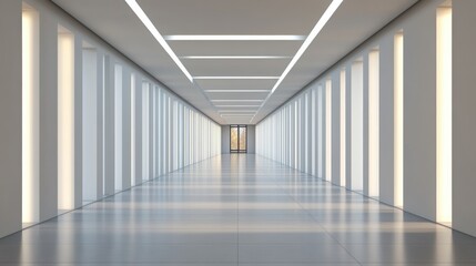A Bright, Long Hallway with Recessed Lighting, White Walls, Vertical Panels, and Polished Floor Leading to a Distant Doorway in Modern Interior Design