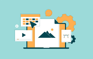 Automated content scheduling helps maintain consistent brand presence, improves timing and supports engagement across multiple platforms. Content scheduling tools vector illustration and icons