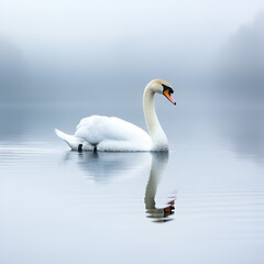 Obraz premium Swan gliding gracefully on calm lake nature photography serene landscape tranquil environment peaceful view