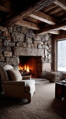 Rustic wooden beams, stone fireplace crackling, plush armchair, warm lighting, snow-dusted window - Wooden nook Flickering