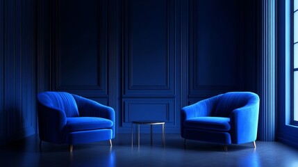 Elegant Blue Velvet Armchairs in Dark Room Interior