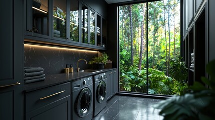 Modern dark laundry room with forest view, sleek design
