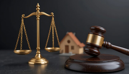  Golden scale of justice, wooden gavel and a car model on the dark background. lawyer services, division of property, mortgage, real estate auction. legal consultation