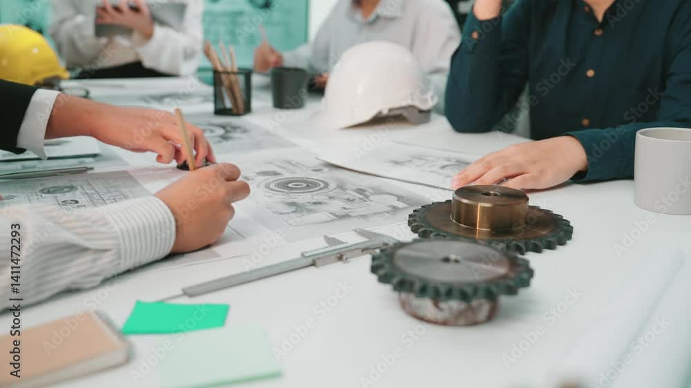 Poster a dynamic engineering team collaborates in a modern office, examining technical drawings and utilizi