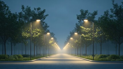 Naklejka premium Misty park avenue at night with glowing streetlights illuminating the path. Use this for atmospheric scenes or concepts of guidance and mystery.