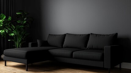 Dark Modern Living Room Sectional Sofa with Plant