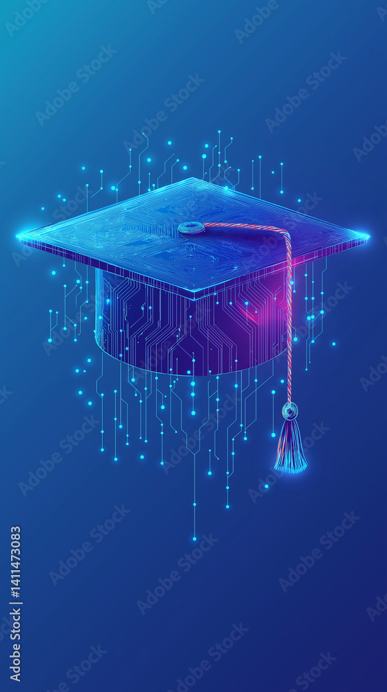 Poster digital graduation cap with glowing circuit patterns