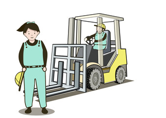 フォークリフトに乗る男性と女性のイラスト