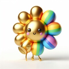 Fototapeta premium Animated character 3D image of rainbow gold flower, cute design, white background