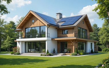 Modern Eco-Friendly Passive House with Solar Panels on Roof and Sustainable Architecture.