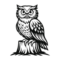 Obraz premium Owl Illustration, Black And White Silhouette, Isolated Vector, Bird On Tree Stump