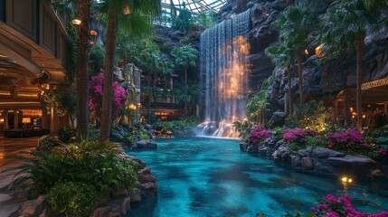 Obraz premium Lush Indoor Tropical Garden with Waterfall and Pool