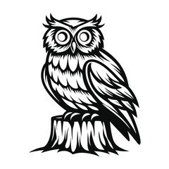 Fototapeta premium Owl Silhouette Perched on Tree Stump, Detailed Feather Texture, Monochromatic Black & White
