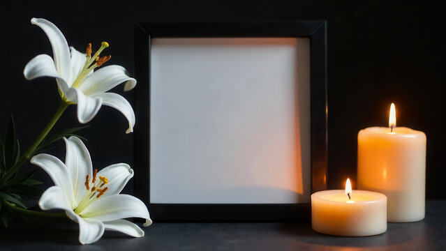 Black photo frame with two white lilies and two burning candles on a table on dark home background. Mockup of funeral service. Memorial day. Mourning death. Remembrance day. Memory of dead, deceased.