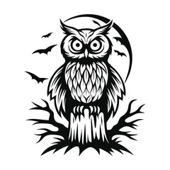 Owl Sitting on a Tree Stump, Bats Flying Around, Moon, Silhouette, Nature, Night