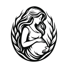 Pregnant Woman Silhouette, Hands On Belly, Foliage, Isolated White Background,