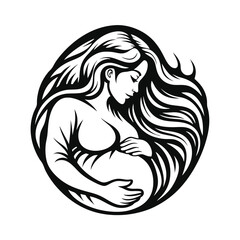 Pregnant Woman with Long Flowing Hair Embracing Belly Black and White Line Art