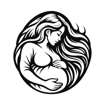 recommend clip art: Pregnant Woman with Long Flowing Hair Embracing Belly Black and White Line Art