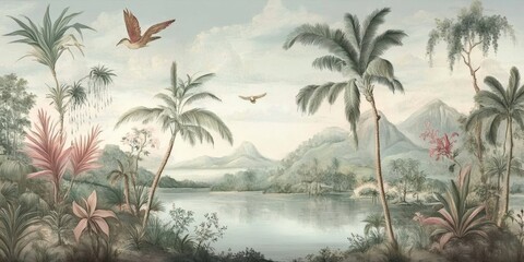 Wallpaper serene tropical landscape painting in pastel tones