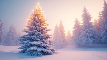 Fototapeta premium Snow Covered Christmas Tree in Winter Forest at Dawn