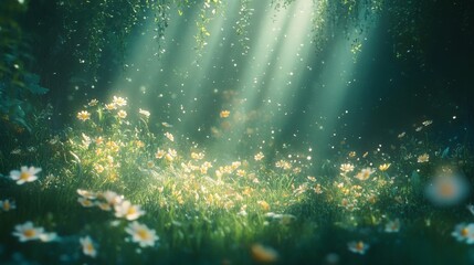 Obraz premium Sunlit Daisies in a Green Forest Meadow