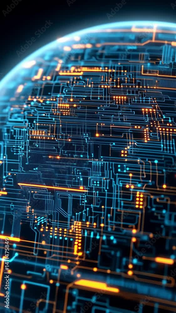 Poster futuristic digital globe with intricate blue and orange circuit patterns, showcasing abstract techno