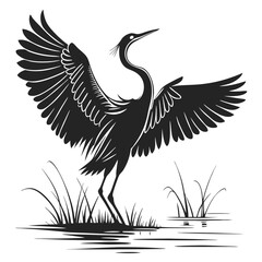 Silhouette Bird Heron with Spread Wings, Tall Grass in Pond, Black and White Outline