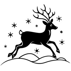 silhouette of a reindeer with antlers jumping through the snow in a winter scene
