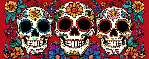 Three sugar skulls adorned with flowers are set against a red background