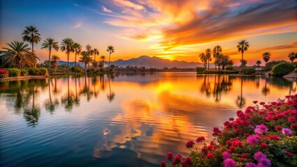 Fototapeta premium Serene Sunset Over Calm Lake with Palms and Colorful Flowers