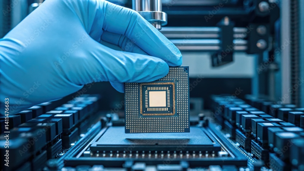 Poster a hand in a blue glove holds a computer chip above a circuit board in a high-tech environment, empha