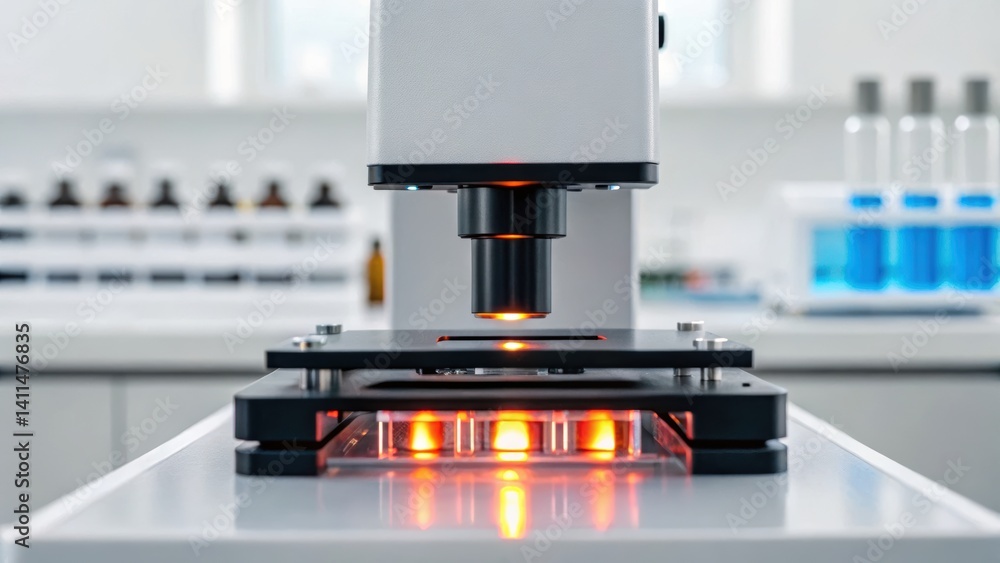 Poster microscope set up in a modern lab with illuminated stage, showcasing a focus on scientific research 