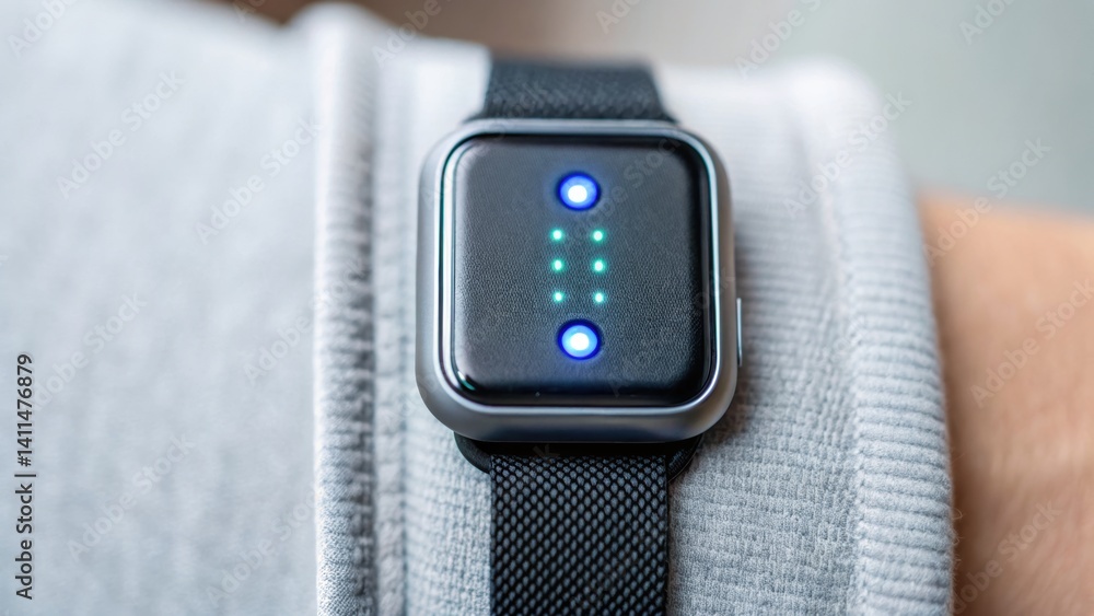 Poster smart wearable device on wrist displaying lights and patterns, showcasing modern technology in fitne