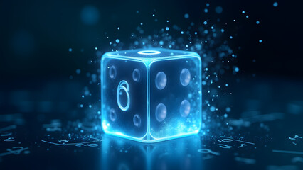A dice is half-visible, half-trapped in a quantum box, flickering between numbers. Scientific mystery in ultra-HD detail.