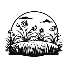 Silhouette Flower Garden Daisies, Tall Grass, Sky with Clouds, Black and White