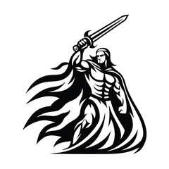 Silhouette of Heroic Gladiator Raising Sword, Monochrome Warrior Icon, Black and White