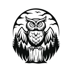 Silhouette Owl Perched on Stump with Birds and Trees in the Circle, Monochrome Art