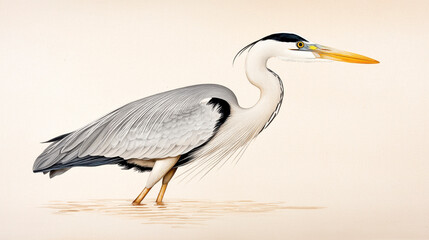 Detailed Pixel Art Illustration of a Grey Heron Wading in Shallow Water, Nature and Wildlife Theme