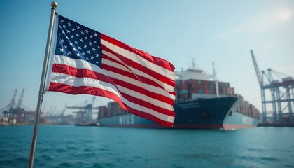 Waving Flag with Cargo Ship at Port on Sunny Day