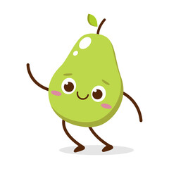 Cute green avocado cartoon character with happy face, showing a Joyful pose. Perfect for kids illustrations, healthy food designs, or educational materials. Isolated on white background with soft shad